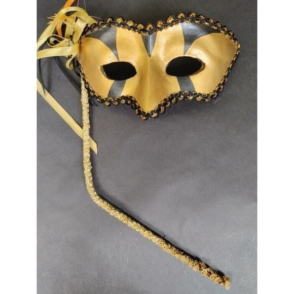 Unbranded Accessories - Gold & Black Handheld Masquerade Halloween Mask Ribbon Venetian Mardi Gras Party